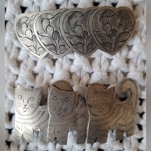 Vintage 90s Silver-tone Metal Cats & Hearts Hair Barrette Set